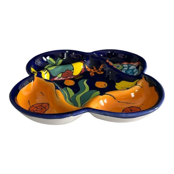 VTG Hand Painted Mexican Talavera Style Divided Dish 10” Ceramic Floral Fish Des - Picture 2 of 3